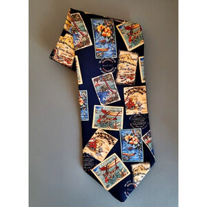 Tropicals By Tango Hawaii Stamps Bora Bora Blue 100% Silk Neck Tie